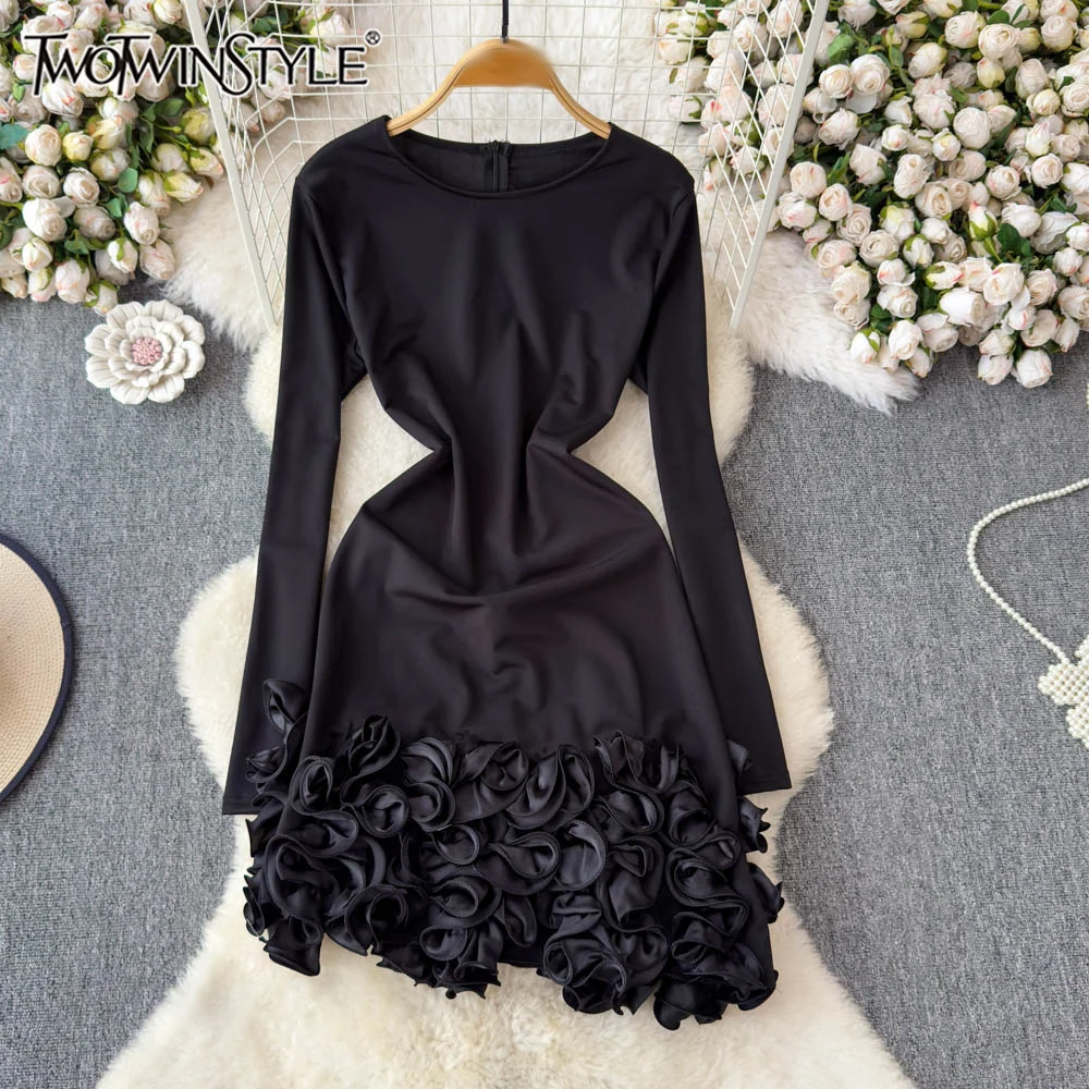 

TWOTWINSTYLE Solid Slim Spliced Appliques Cute Dresses For Women Round Neck Long Sleeve High Waist Chic Dress Female KDR553206