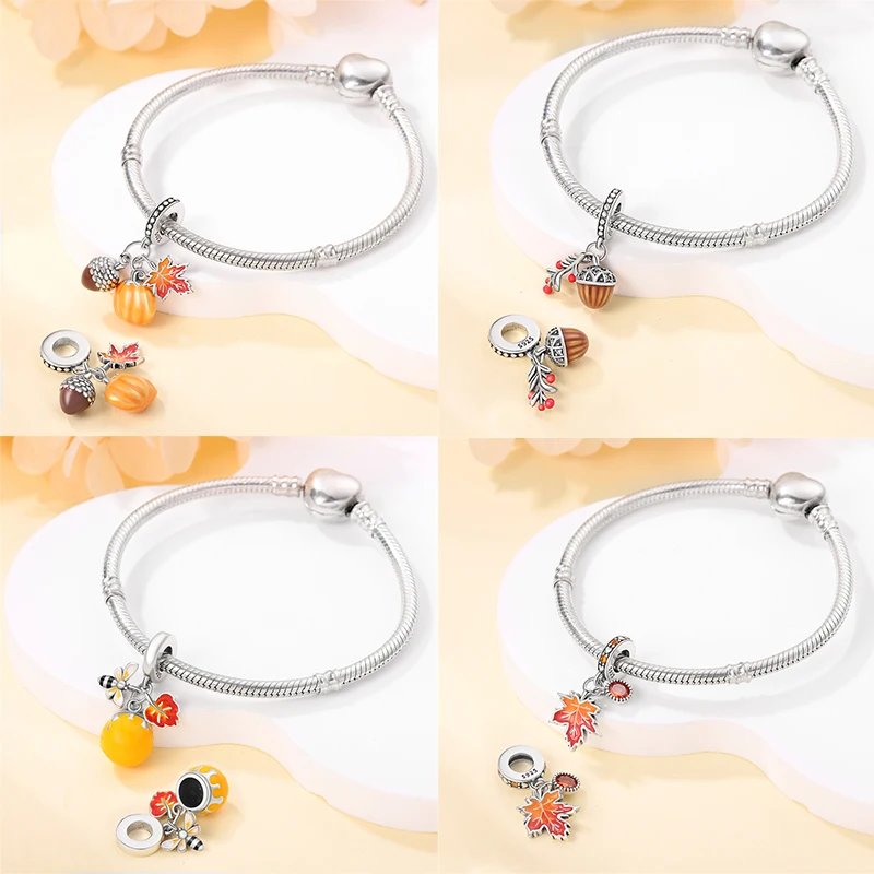 Autumn New 925 Sterling Silver Brown Maple Leaf Pumpkin Bee Charms Bead Fit 3mm 925 Original Bracelets DIY Jewelry Warm Gift