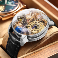 PINDU Design Earth Theme 3D Dragon Curved Mirror Transparent Hollow Wristwatches Celestial Body Series Quartz Men Leather Watch