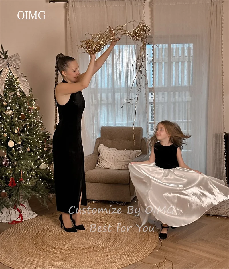 OIMG Classic Black/Ivory A Line Flower Girl Dresses Back Bow Wedding Party Dress Floor Length Birthday Dress Customized