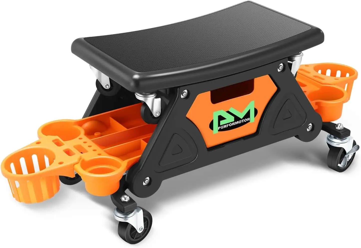 

Rolling Work Stool with Lockable Swivel Wheels and Storage Tool Tray, Orange - 25-1/2" x 13" x 12" (L x H x W)