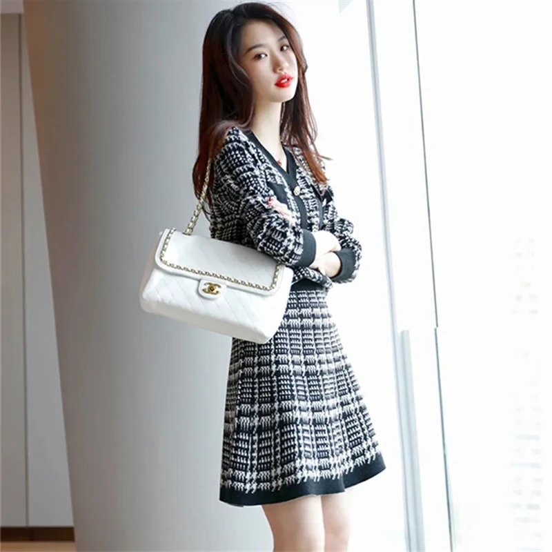 Korean Houndstooth Knitted Skirts 2 Piece Set V-neck Long Sleeve Coats Conjuntos Women Elegant Short Faldas Outfits Spring Suits