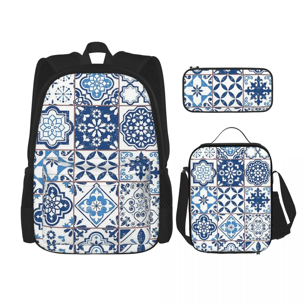 Portuguese Azulejos Backpacks Children Bookbag School Bags Rucksack Lunch Bag Pen Bag Three-Piece Set