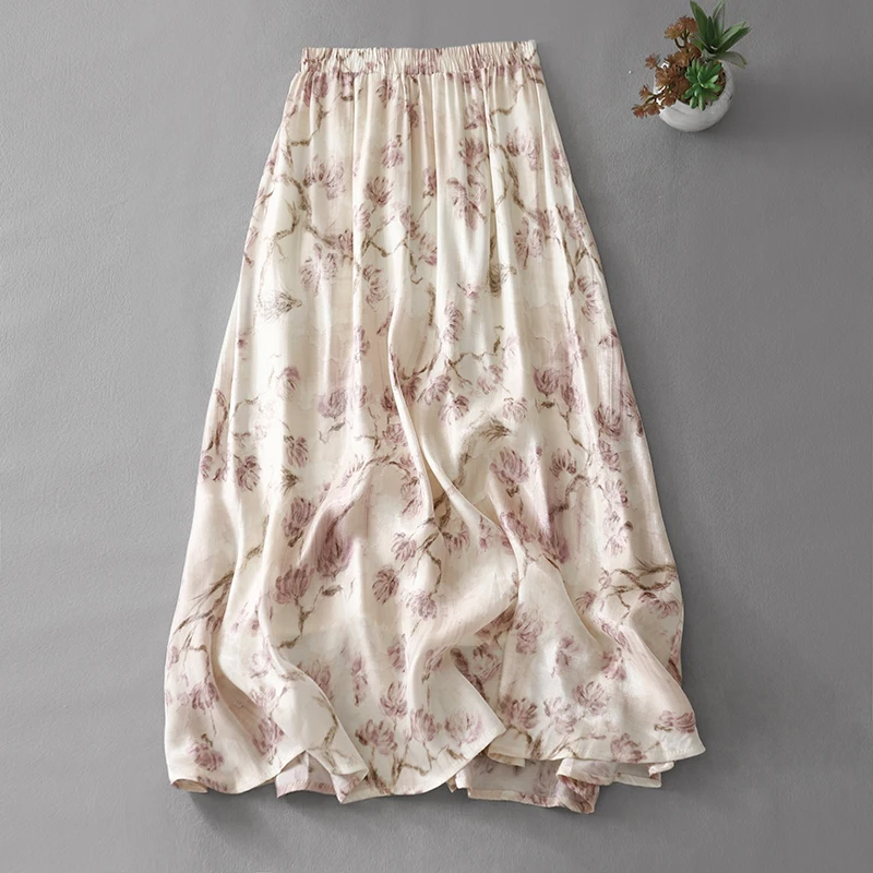 

Retro Artistic Cotton Linen Print f Skirt Women Summer Design Loose Slimming Double Layer Dra Ele Full Skirt