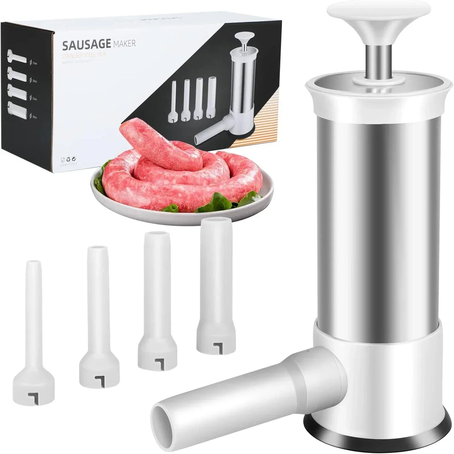 Sausage Stuffer Machine Stainless Steel Homemade Sausage Maker with 4 Stuffing Tubes Household Kitchen Meat Stuffer Filling Tool