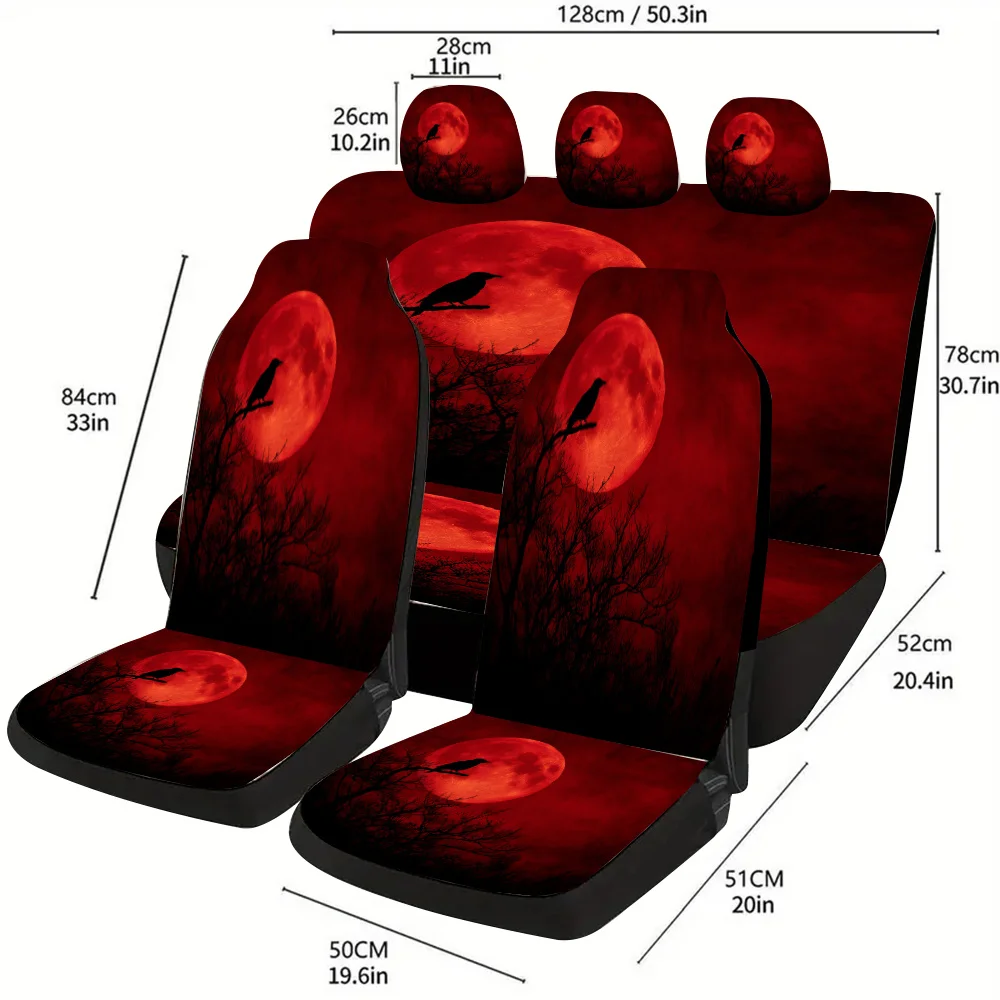 A Complete Set Of Car Seat Covers Featuring A Design Of Crows Perched On A Cold Tree Under A Blood, Suitable For Most Vehicles.