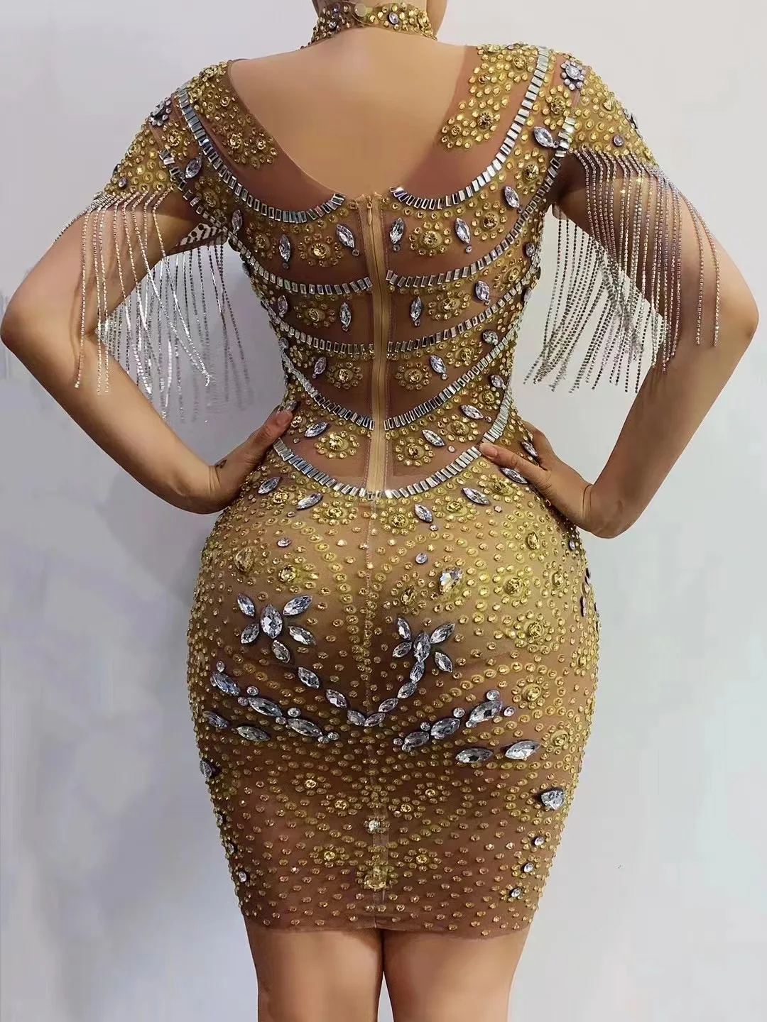 Body Sexy en maille avec gros cristaux brillants, franges en strass scintillants, tenue de soirée en boîte de nuit, spectacle sur scène de chanteur