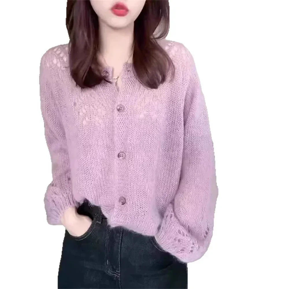 

New Spring And Summer Hollow Long Sleeve Loose Knitted Cardigan Sweater Round Neck Top Korean Fashion Women's Clothing