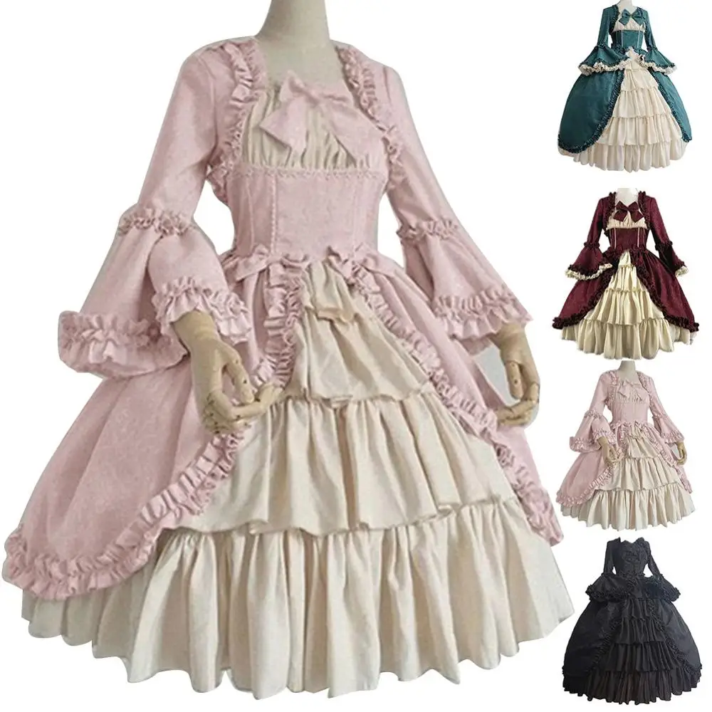 Elegant Medieval Retro Gothiced Court Lolita Dress Ball Dress Square Neck Tight Waist Bowknot Women Costume Vestido Dress