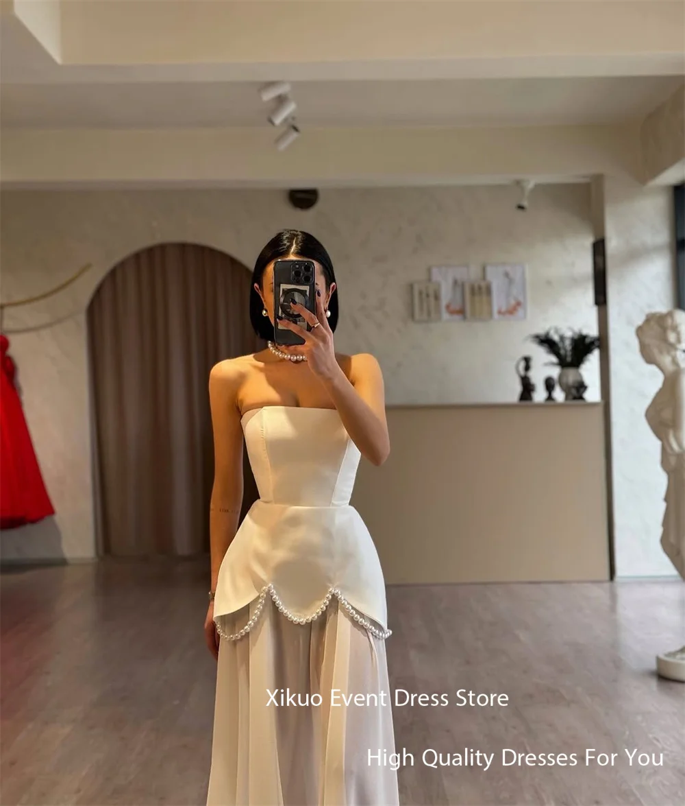 Xikuo Elegant Satin Ivory Wedding Dress Strapless A Line  Pearls Bridal Gowns Saudi Arabric Illusion Vestido De Novia Customized