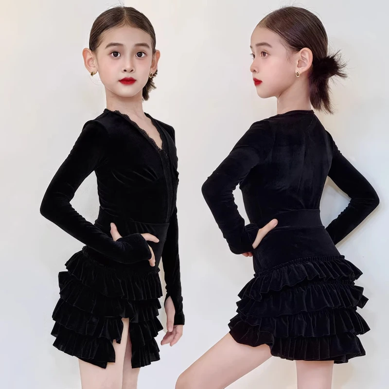 

Детское профессиональное платье для латинских танцев для девочек, танго, сальса, самба, бальные танцы, сценическая одежда, костюм, черный костюм