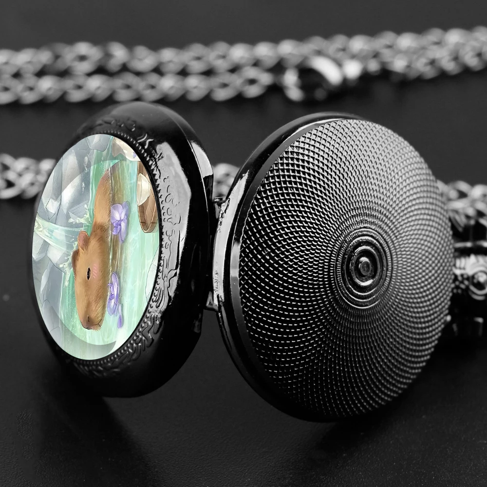 Capybara Bath Fun Design Glass Dome Quartz Pocket Watch with Arabic Numerals Dial Durable Chain Perfect For Easter Gifts