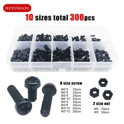 300pcs/box Nylon Plastic Insulated Phillips Pan Round Head Bolt Screw Nut Mix M2 M3 10 Sizes Assortment Kit Set Black Color