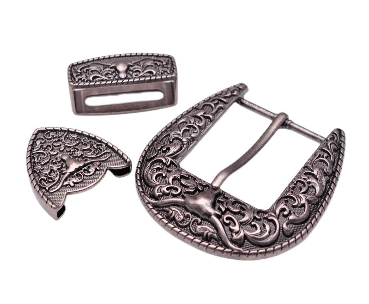 Heavy Strong Antique Silver Floral Western Cowboy Longhorn Bull SKull Rodeo Three Piece Set Belt Buckle Unisex Fits 40mm Strap