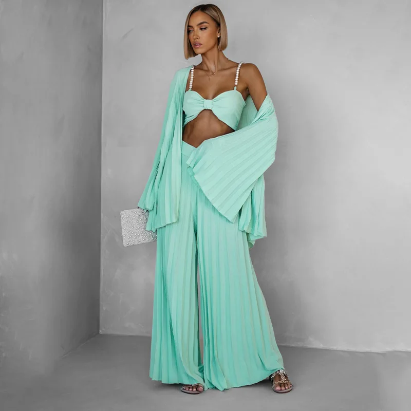 Women's 2026 New Fashion Erotogenic Resort Style Three-piece Set With Straps And Pearls. Dress Elegant Vestidos Bandage Midi