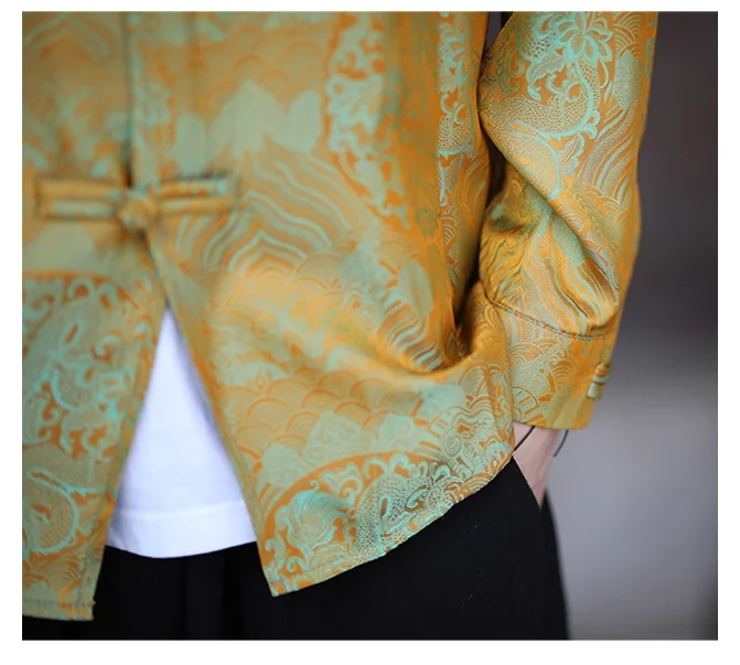 Camicia da uomo setosa in stile cinese Primavera Autunno Vestibilità ampia Costume retrò Tang Hanfu Camicia di lusso con motivo floreale abbottonato per uomo