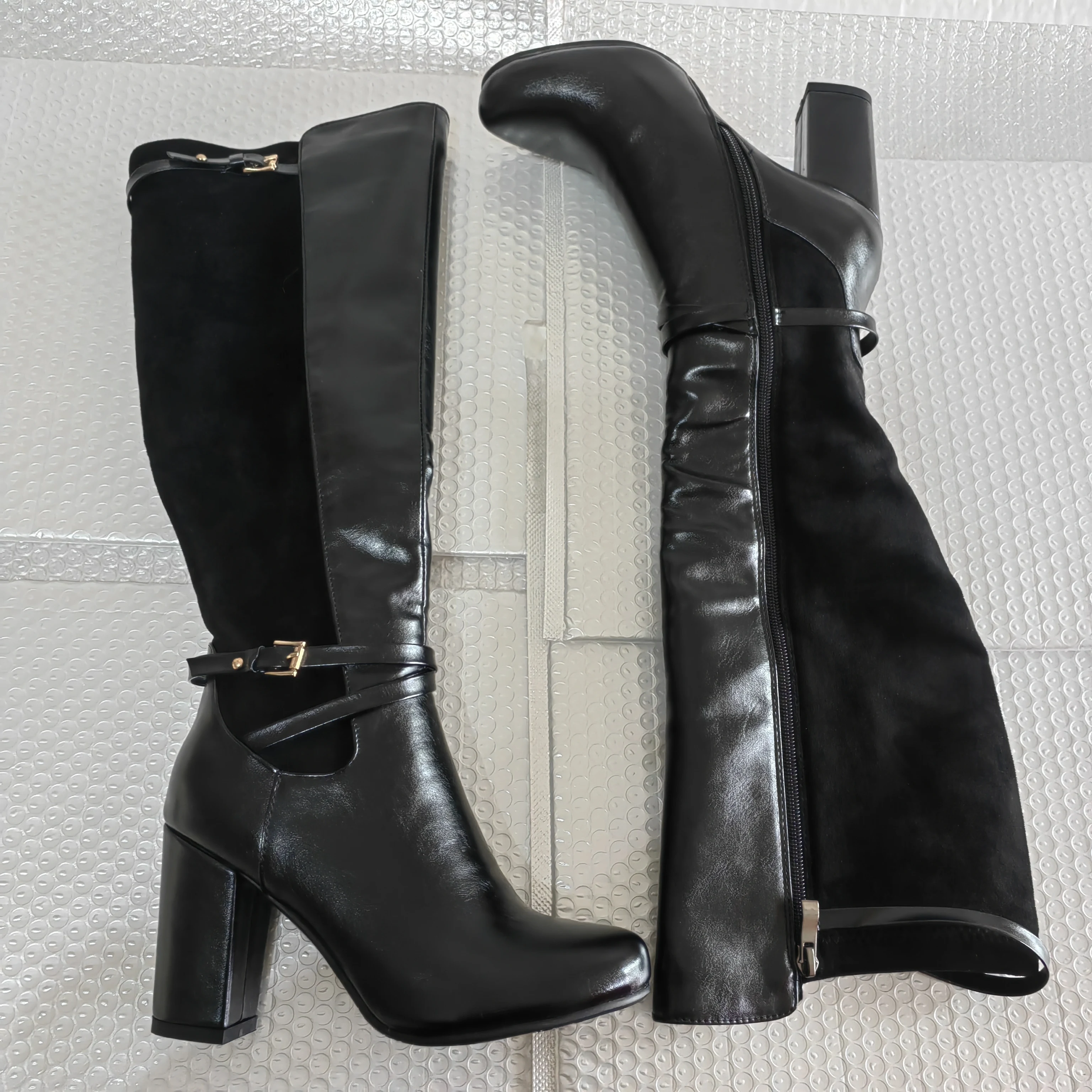 REAVE CAT Women knee-high boots Stretch Round toe Fashion botas Quality footwear shoes Thick Heel  A956