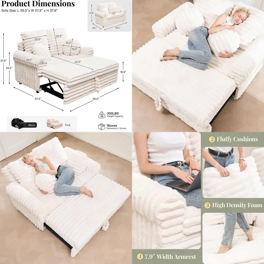 

Плюшевый вельветовый шезлонг-диван-кровать с выдвижным диваном и подушками (белый)