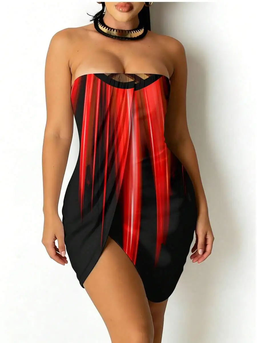 

Strapless Bodycon Dress Red Black Abstract Print Slit Mini Dress For Women