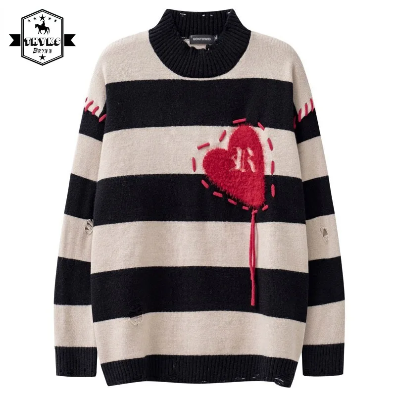 

Stripped Sweaters for Men Harajuku Streetwear Knitted Heart Black Striped Holes Jumper Hip Hop Loose Couple Pullover Sweater