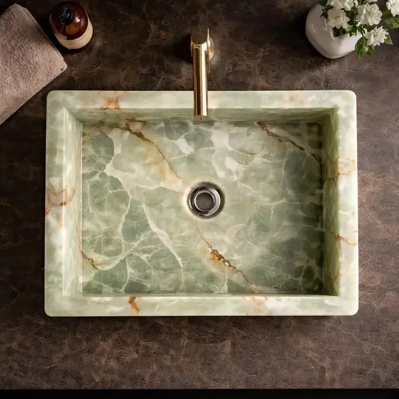 Natural Green Marble Square Bathroom Sink Handmade Stone Basin Luxury Vanity Washbasin Modern Home Decor Countertop Vessel