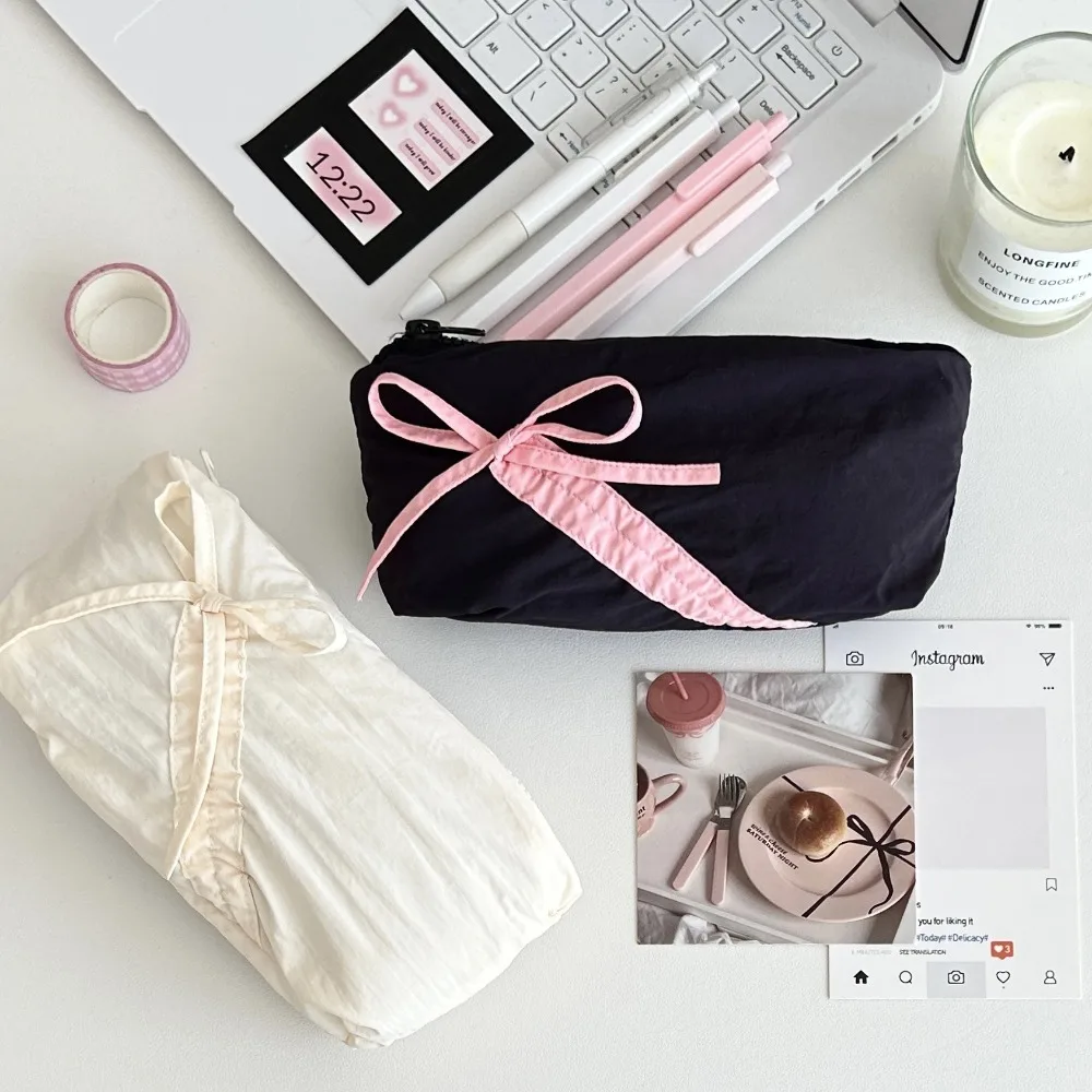 Cute Bowknot Pencil Case Large Capacity Stationery Storage Bag Pink White Blue Zipper Pencil Bag Multi-Function Cosmetic Bag