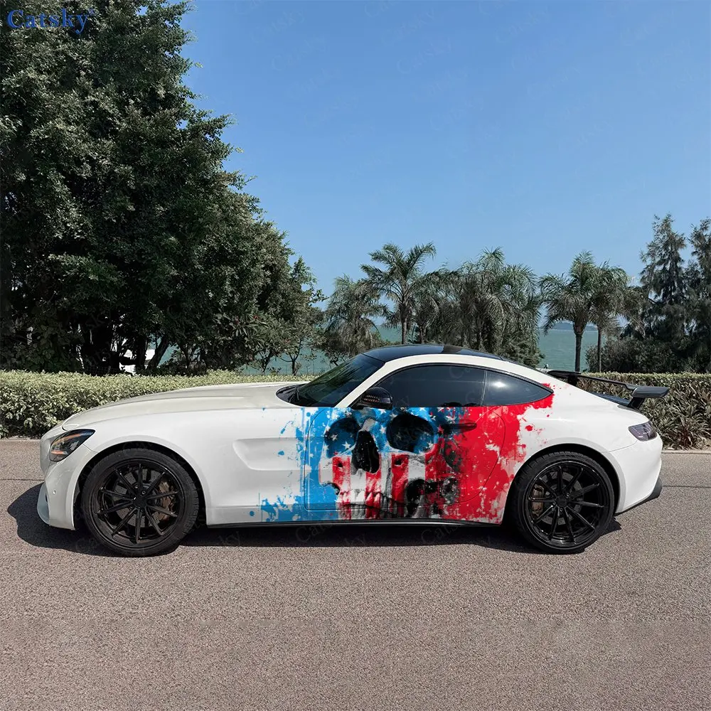 2pcs American Skull Ink-Splatter, Durable, Fade-resistant, Enhance Vehicle Aesthetics With Bold Artistic Design Car Vinyl Wraps