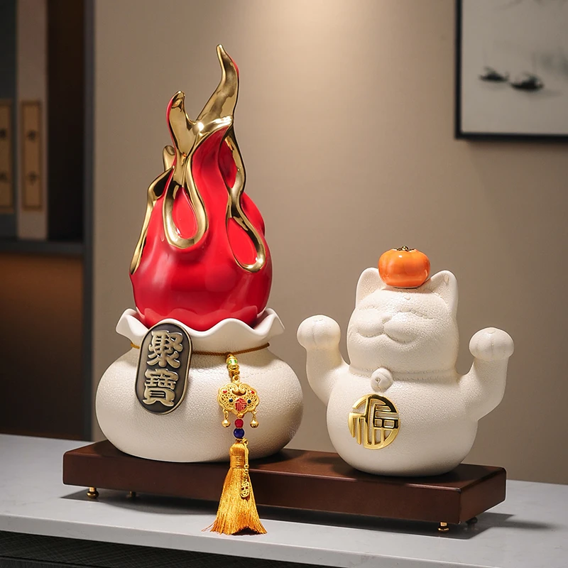 Gilded Pitaya Ceramic Landscape Feng Shui Ornaments Desk Decoration Lucky Cat Mascot Room Aesthetics Decor Home Accessories