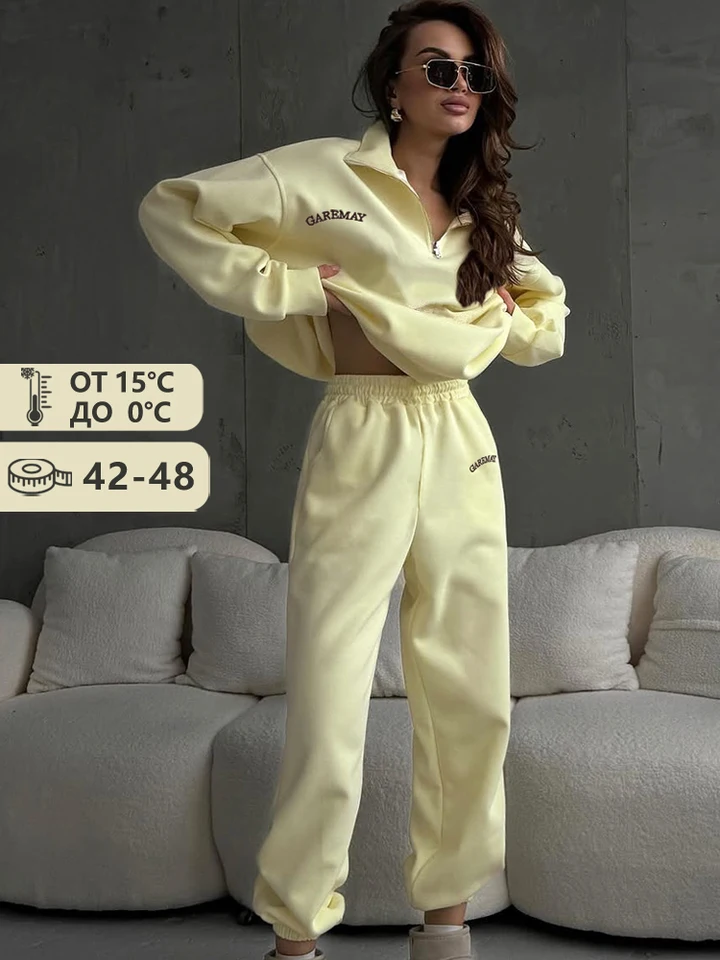 Spring Women's Tracksuit with Zipper Cotton Oversize Classic Pink  Two Piece Set Women Casual  Yellow Trouser Suits for Women, image 7
