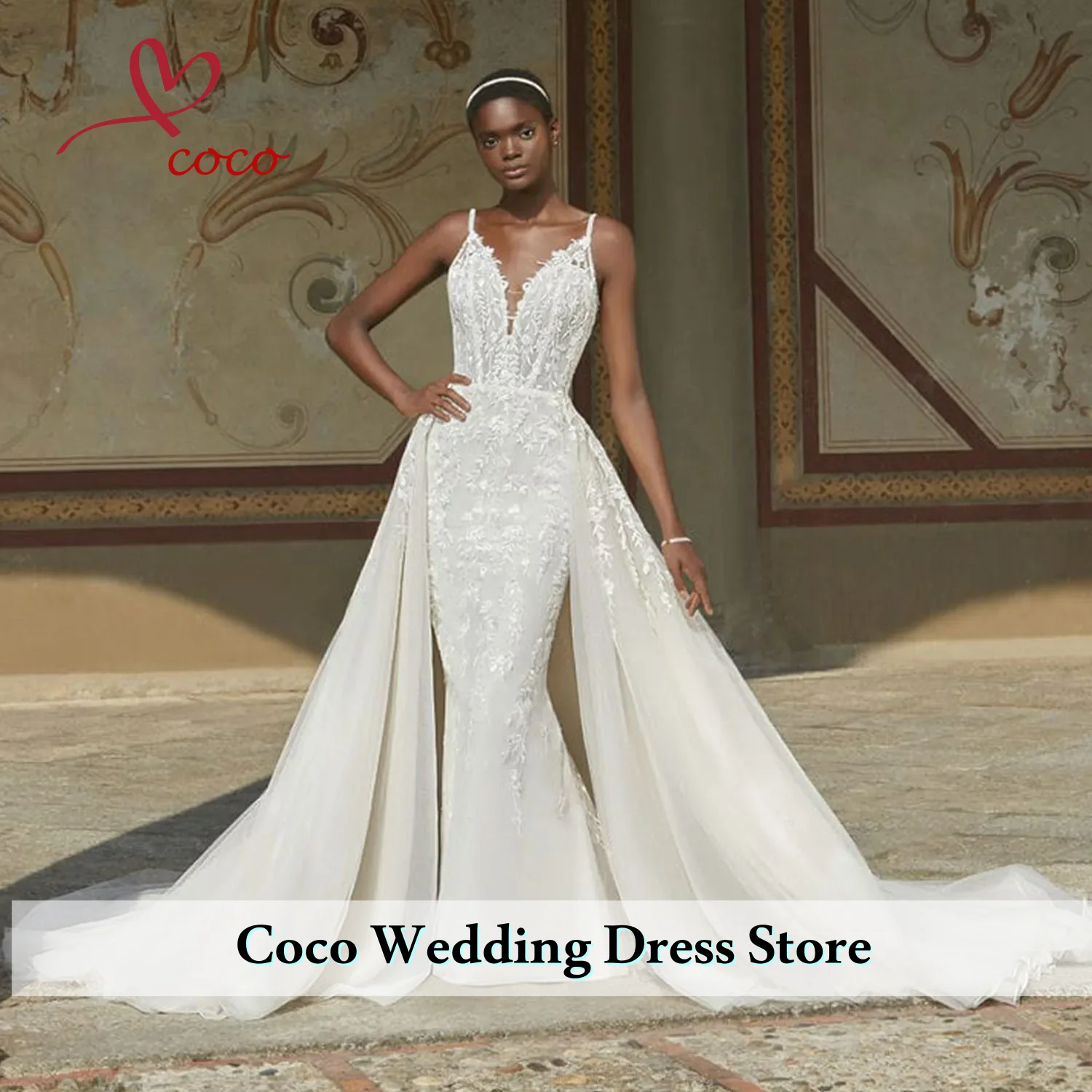 Customized Thin Shoulder Straps V-Neck Appliques Shiny 2 Pieces Mermaid  Wedding Dress With Detachable Train Vestido de Noiva