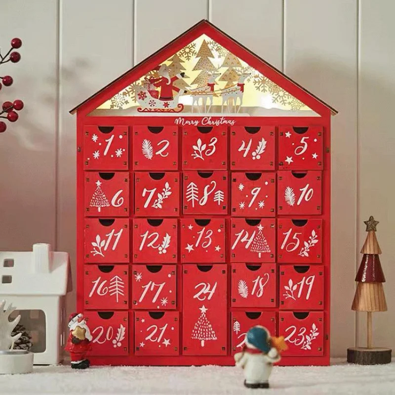 custom.Reusable Light up Wooden Countdown Advent Calendar Luminous Candy Drawer Storage Box Holiday Sup