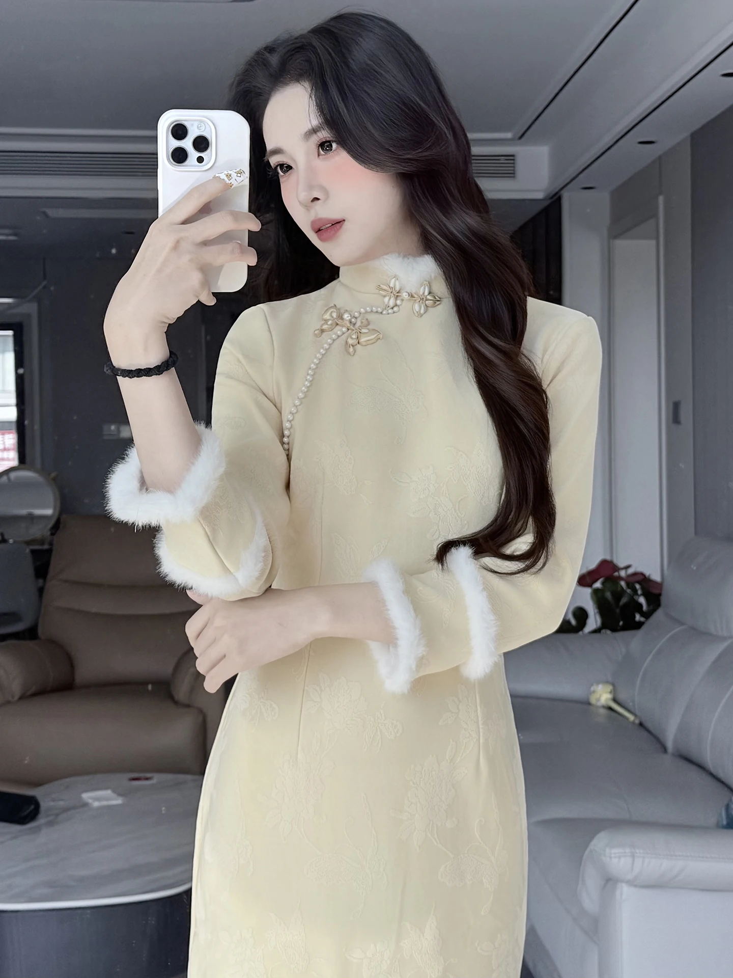 

Желтое зимнее вязаное платье миди с флисовой подкладкой и бахромой, с длинными рукавами, для женщин, в стиле ретро, для повседневной носки