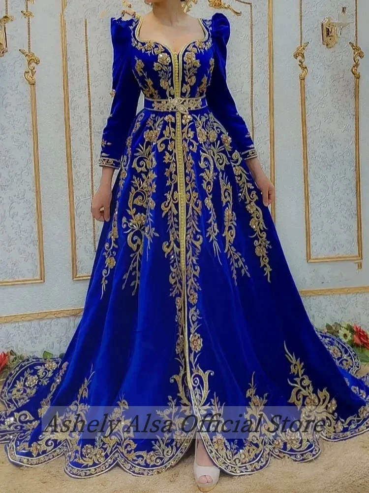 Königsblau lange Ärmel Abendkleider marok kanis chen Kaftan formelle Party Ballkleider Gold Spitze Applikationen algerian ische Outfits Karakou