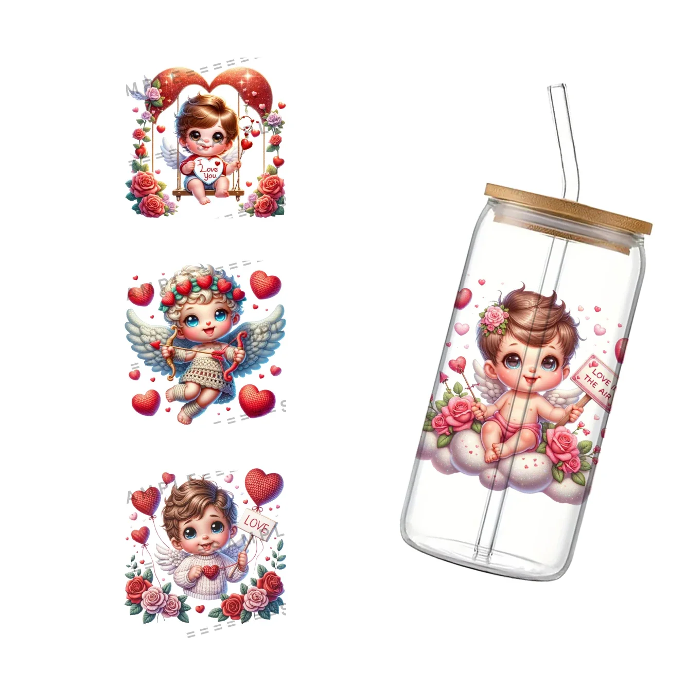 11X11CM Valentine's Day Cute Angel Cupid For Libbey 16oz Can Glass 3D Waterproof UV DTF Coffee Can Wrap Libbey Glass Wrap