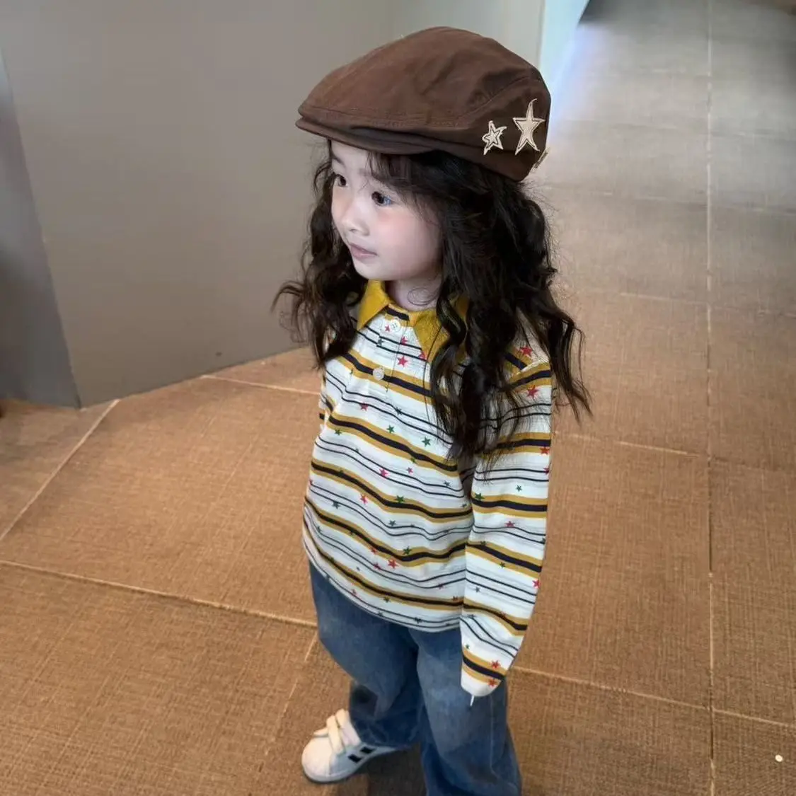 2026 Autumn Baby Girl Striped Polo Shirt Vintage Kids Pullover Top Trendy Children Clothing