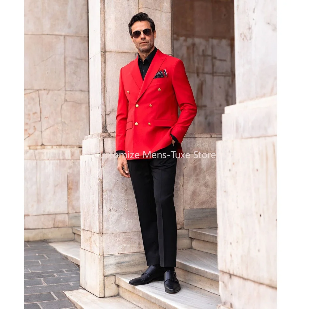 

Double Breasted Peak Lapel Men's Suits Formal Wedding Outfits Set High Quality 2 Piece Red Jacket Black Pants Full Set