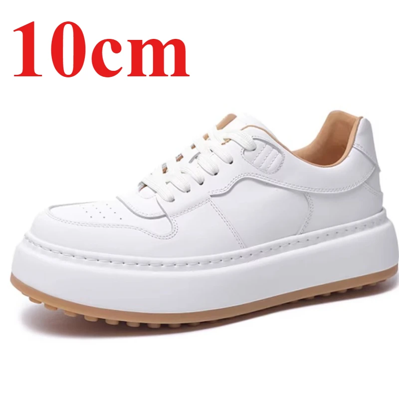 England Daily Height-increasing 8-10cm Casual Board Shoes for Men's Genuine Leather Comfortable Lightweight White Elevator Shoes
