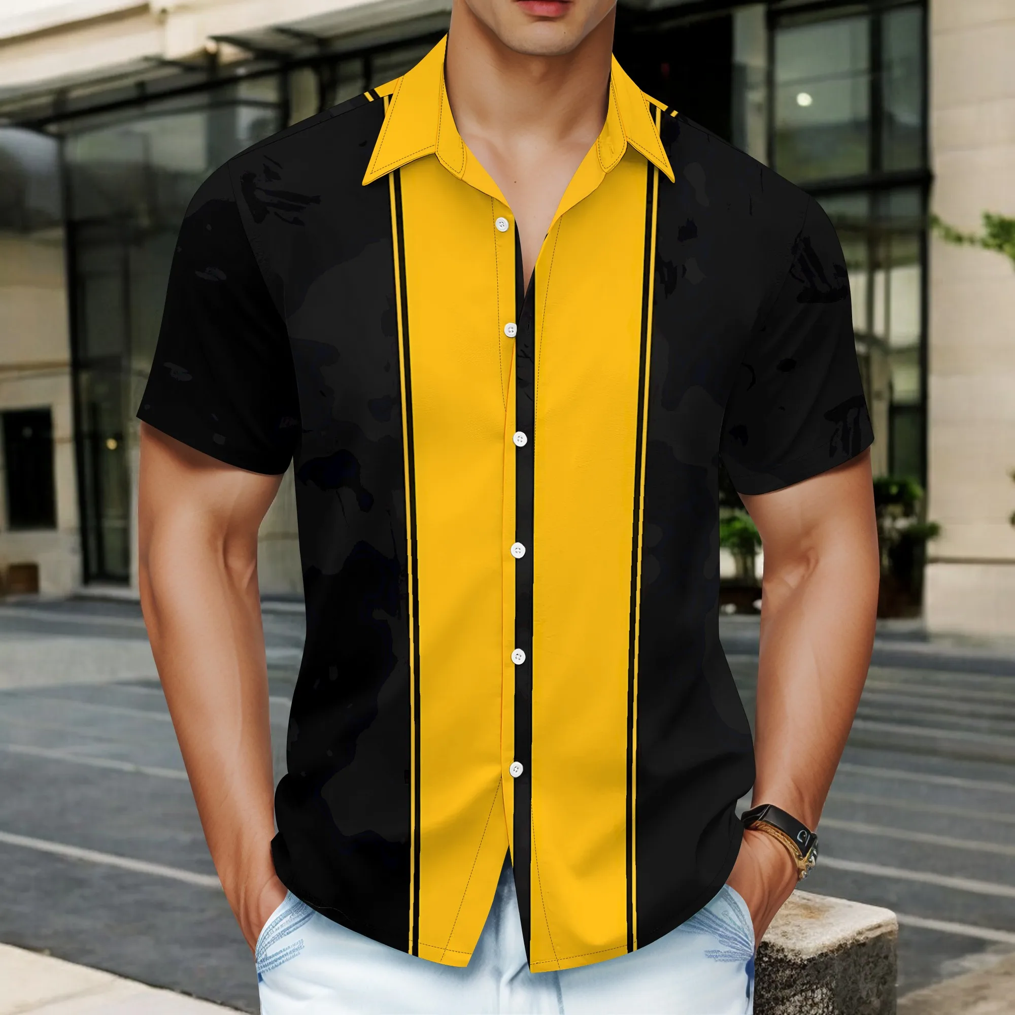 

YEAE Black Yellow Stripe Print Shirt for Men Summer Casual Short Sleeve Top