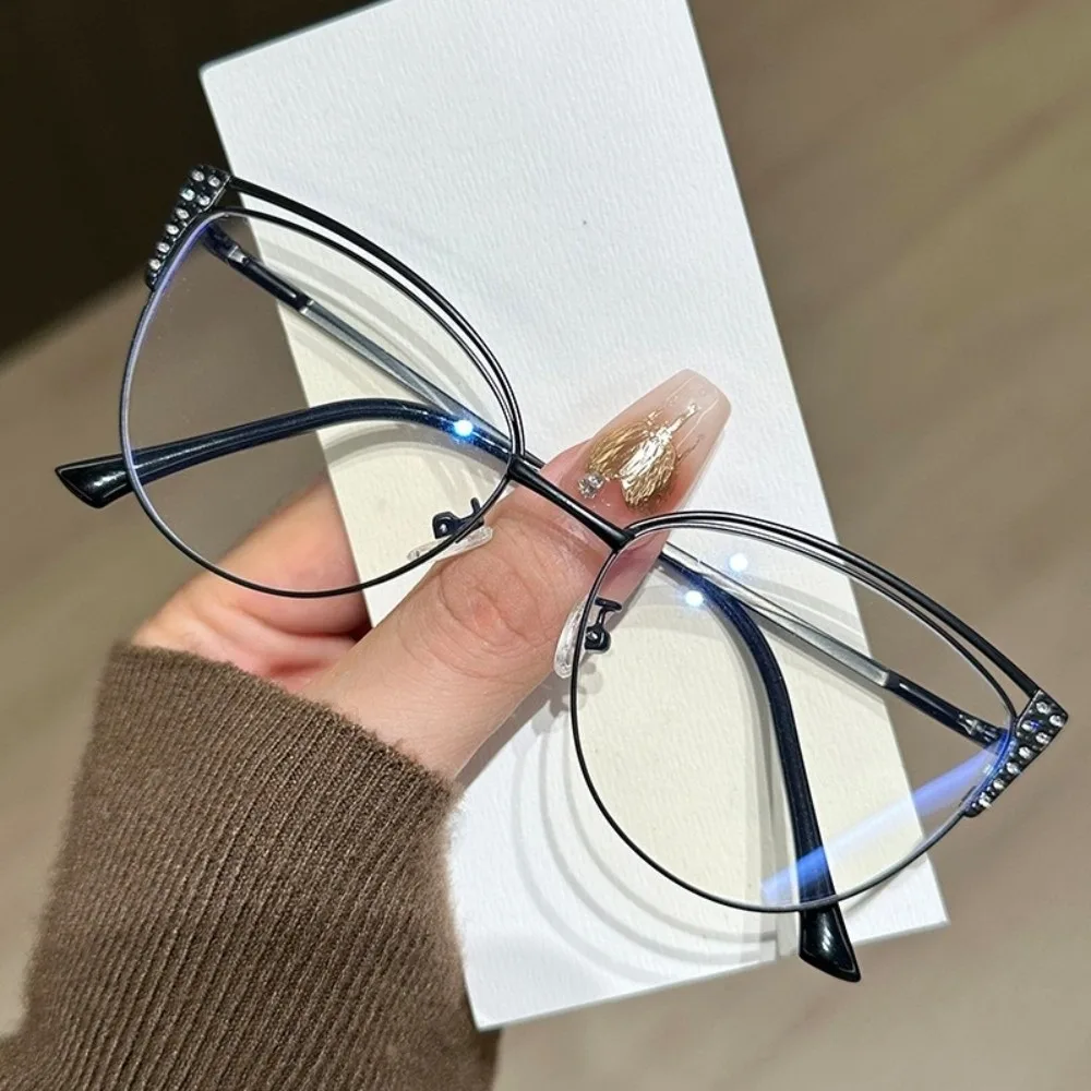 

Rhinestone Studded Anti-blue Light Glasses Metal Frame Transparent Square Frame Myopia Glasses Eye Protective Anti Radiation