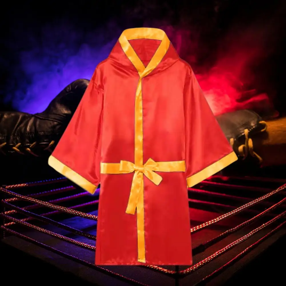 Adult Men Boxing Robe Silky Hooded Long Sleeve Belt Competition Training Boxing Robe  Muay Thai Boxing Robe Kickboxing Gown