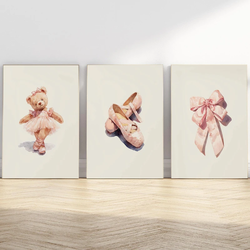 Pink Teddy Bear Bow Ballet Watercolor Posters and Prints Canvas Printing Retro Wall Art Picture for Girly Room Home Decor Gifts