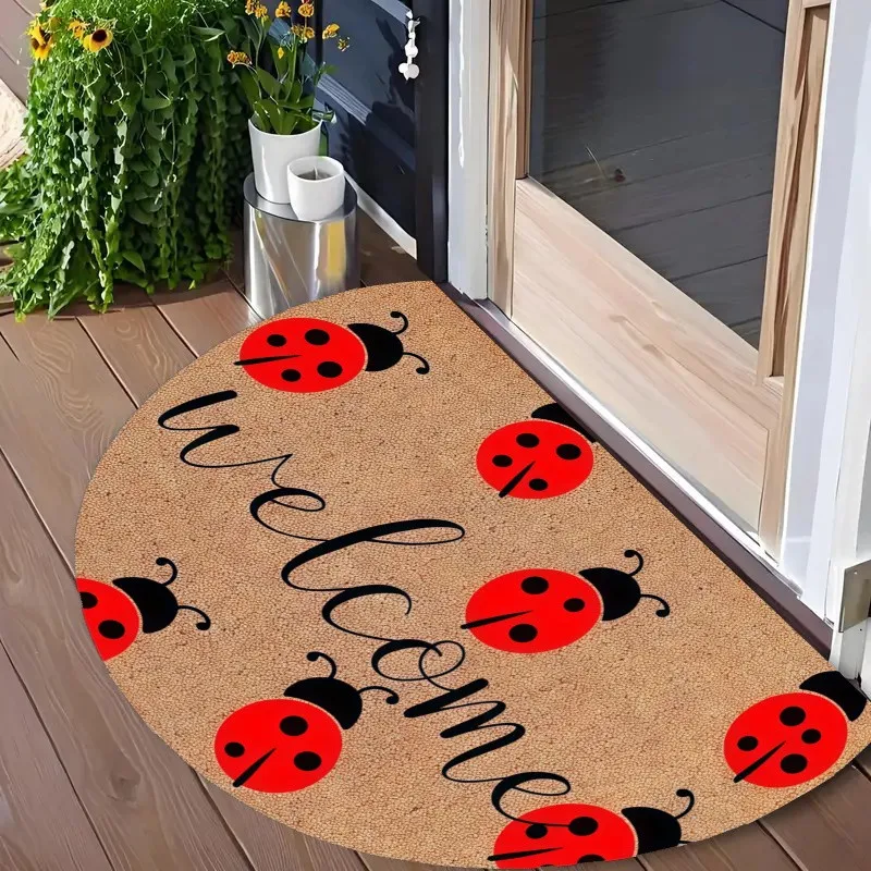 Semicircle Coconut Texture Ladybug Welcome Pattern Anti Slip Dust Resistant Front Entry Doormat