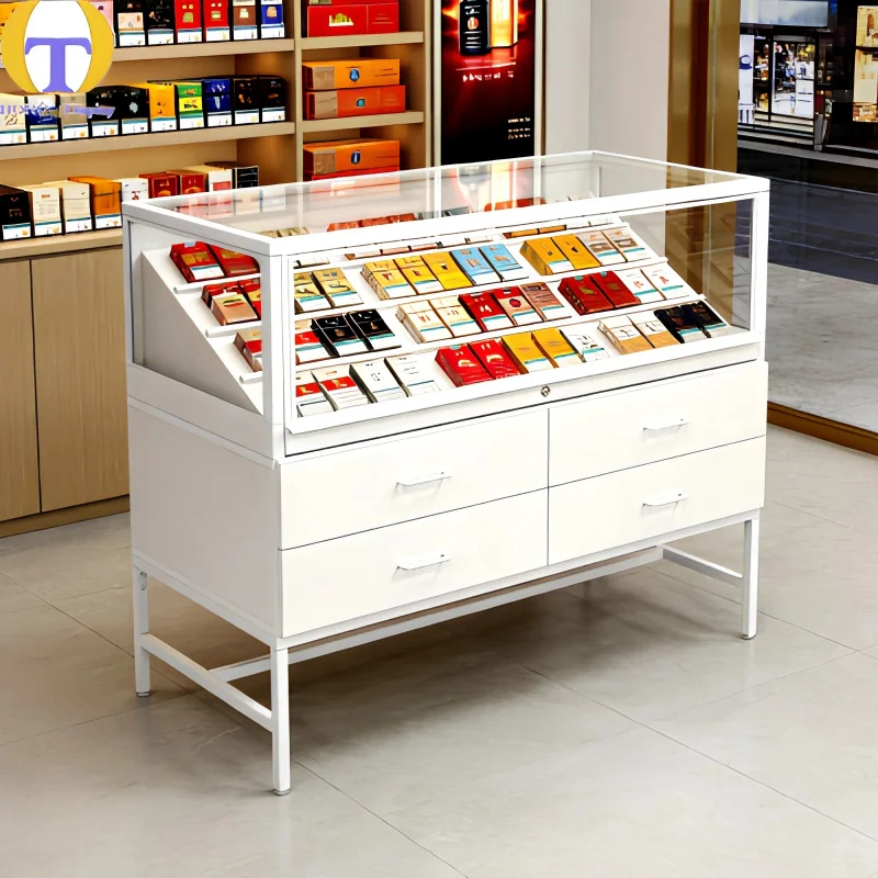 custom.Luxury Wood Grain Aluminium Store Display Cabinet LED Lit Angled Glass Showcase Eco-Friendly Lockable Drawers