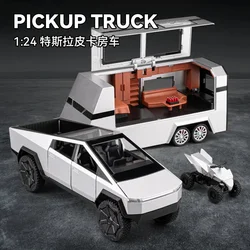 1/24 Tesla Cybertruck Pickup Trailer Alloy Car Model Diecasts Metal Toy Off-road Vehicles Truck Model Sound and Light Kids Gifts