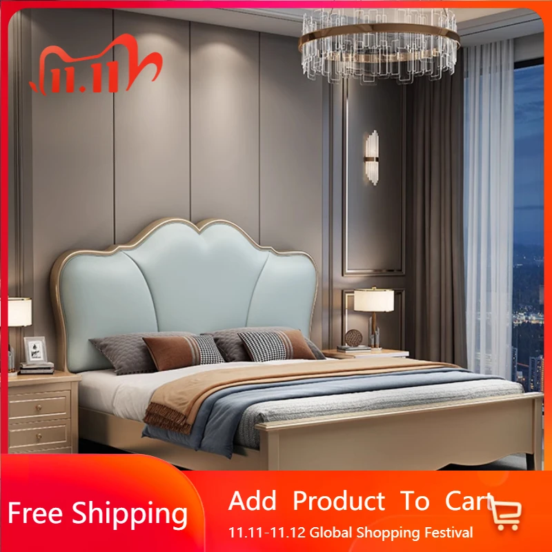 Office Wood Princess Double Bed Elegant Pretty Gold Light Luxury Double Bed Adults Villa Postmodern Muebles Trendy Furniture