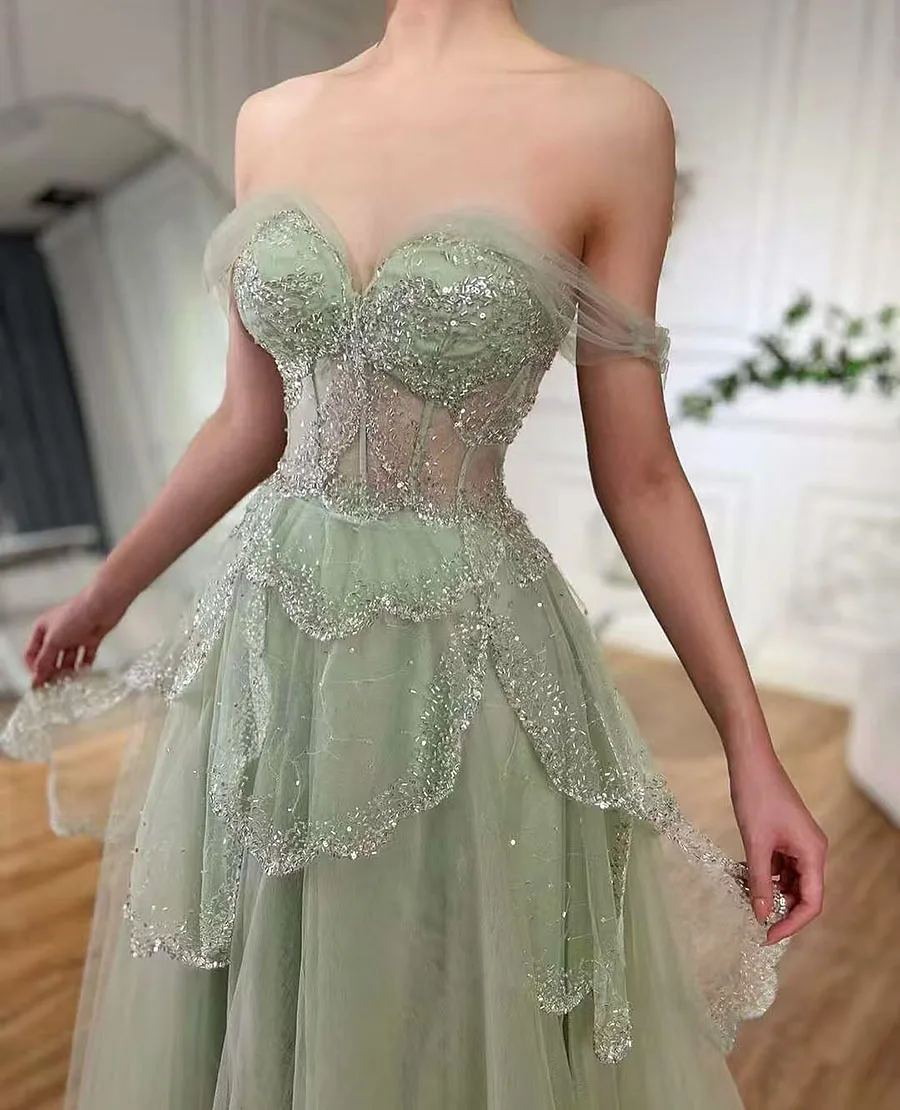 Charming Prom Gowns Illusion Sparkly Off shoulder sleeveless Tulle green Evening dress A-line Gown Vestidos De Gala Custom