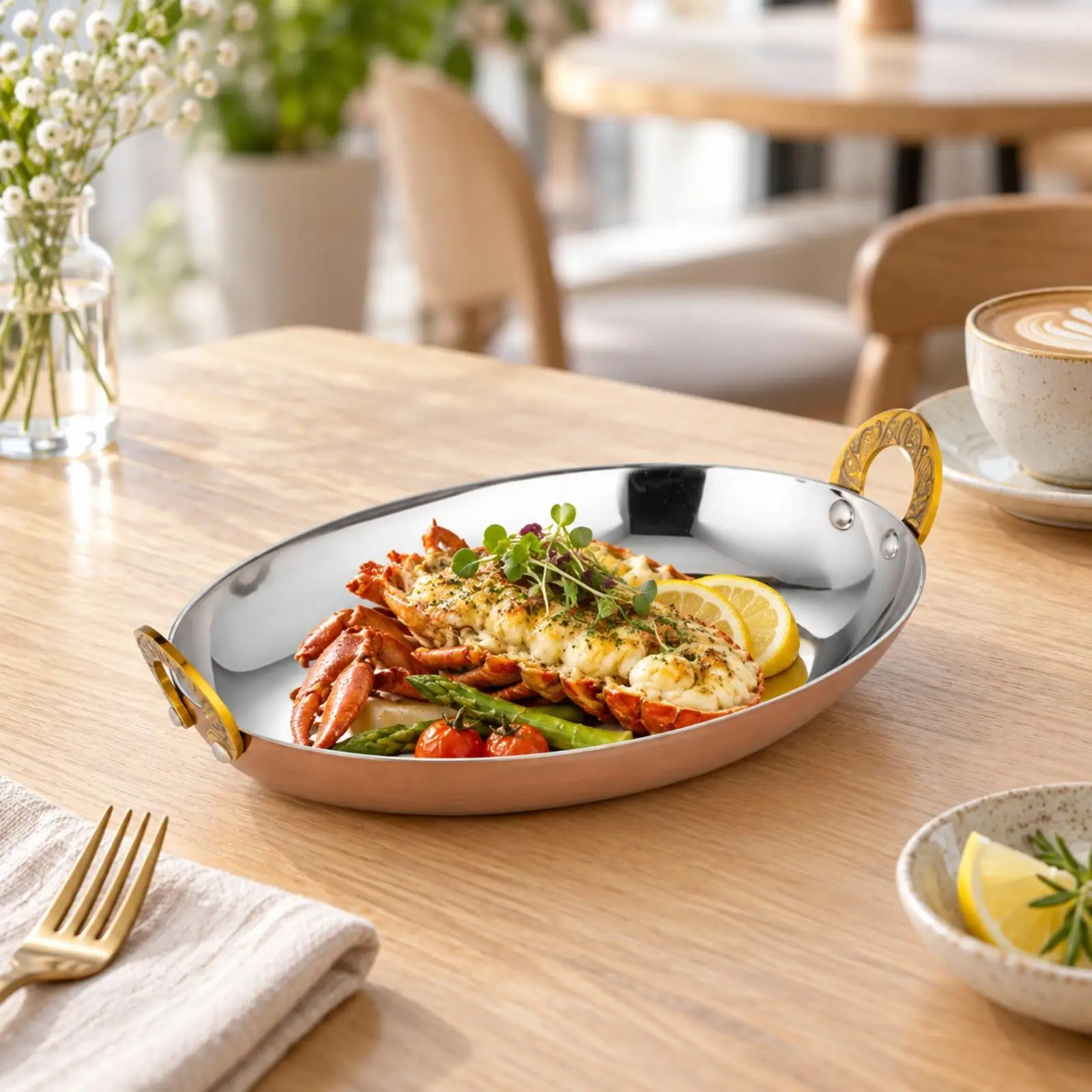 Oval Stainless Steel Serving Dish Polished Oval Serving Platter with Double Handle Steak Plate Long-Lasting Tray Easy to Clean