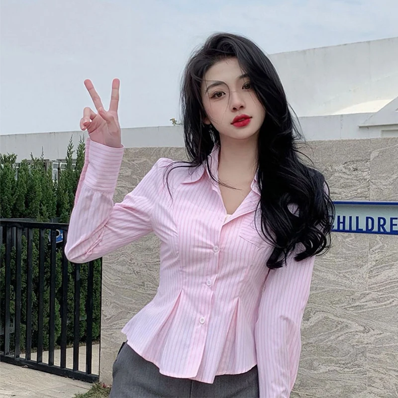 Eleganckie w paski koszule damskie Y2K Streetwear składa tunikę krótkie bluzki koreańska moda proste różowe bluzki z długim rękawem Slim All Match