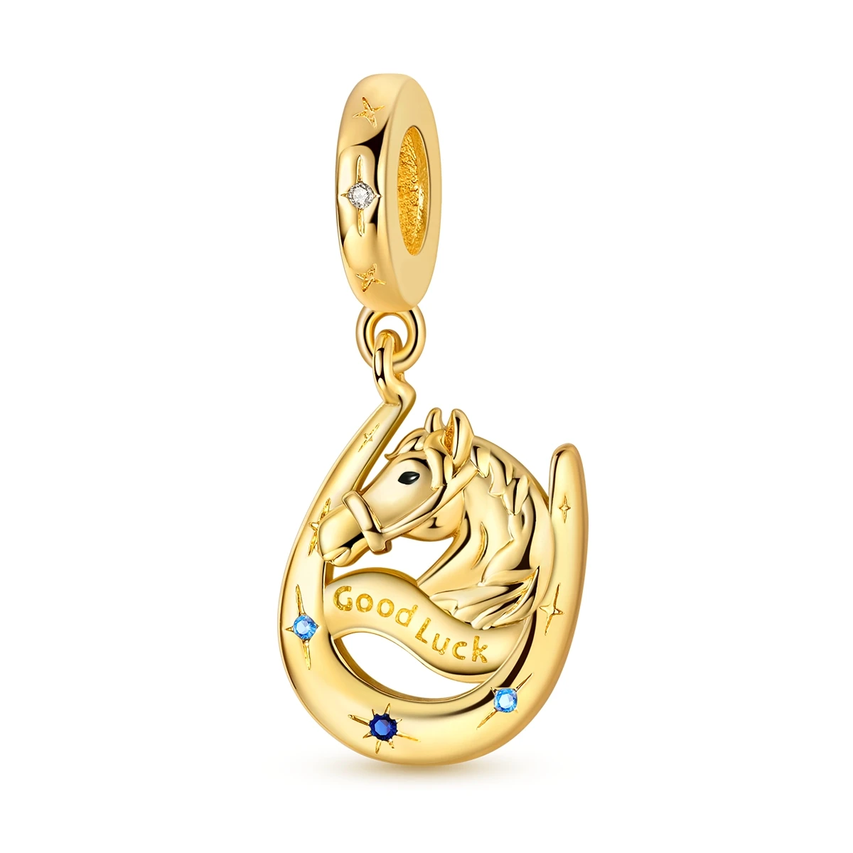 

925 Sterling Silver Gold Lucky Horseshoe Charm for Woman Fit Bracelet Bead DIY Fashion Jewelry