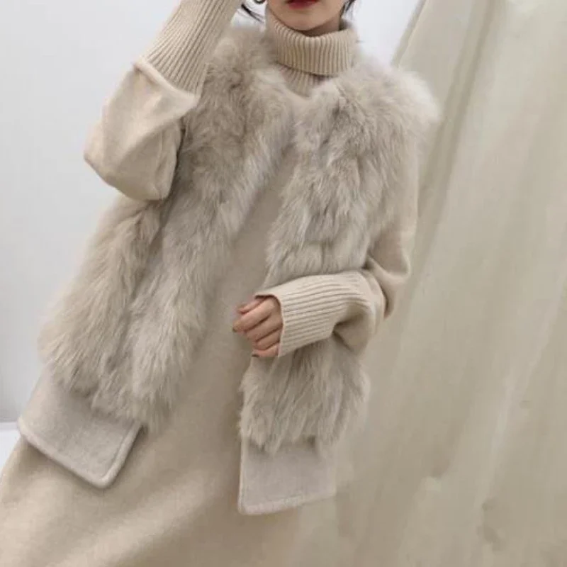 

Women Vest Jacket Apricot Thick Faux Fur Autumn Winter Maxi Coat Short Warm Luxury Belt Fur Parkas Bontjas Furry Outerwear Coats